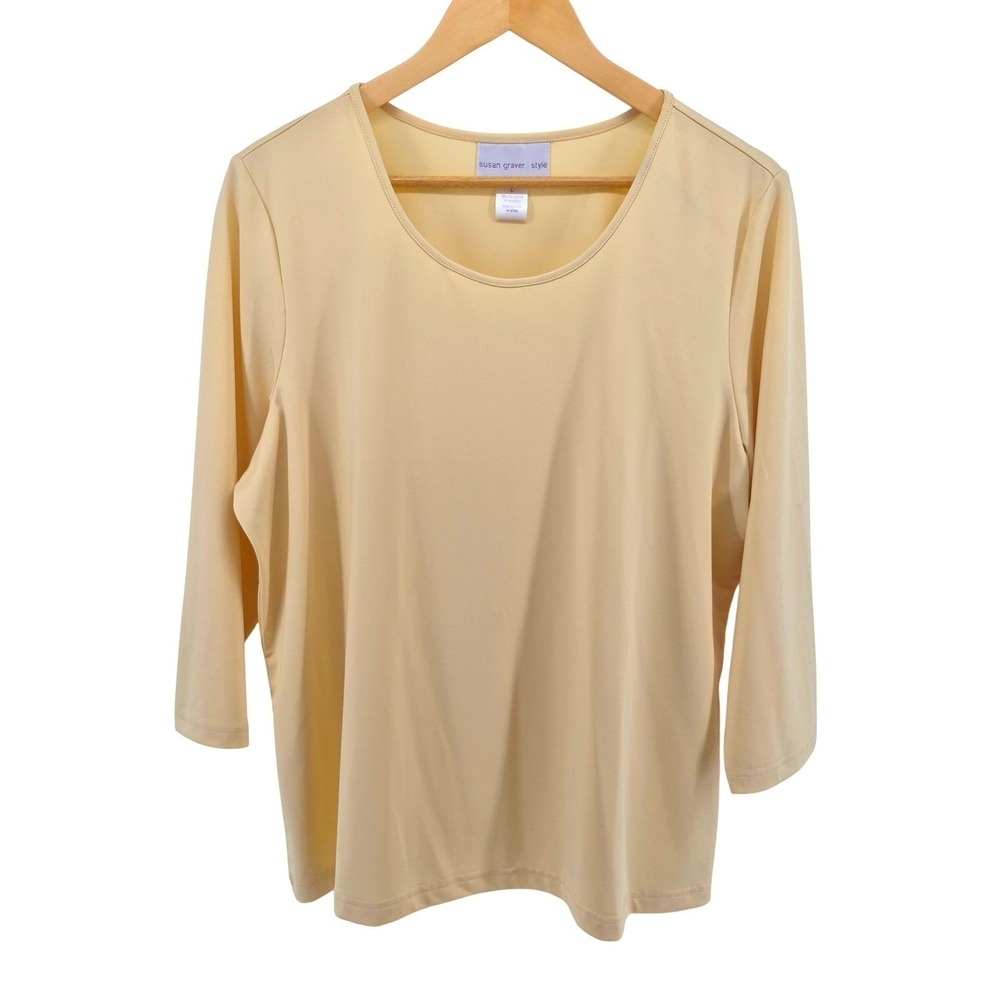 Susan Graver Style Women's Large Butter Yellow Liquid Knit 3/4 Sleeve Top - Picture 2 of 10